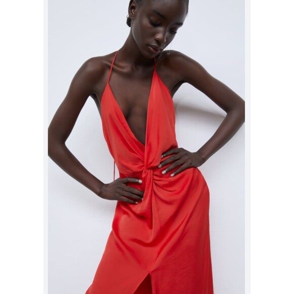 Zara Spain Red Satin Lingerie Slip Midi Dress Knotted Blogger Favorite NWT Sz M - Picture 1 of 11